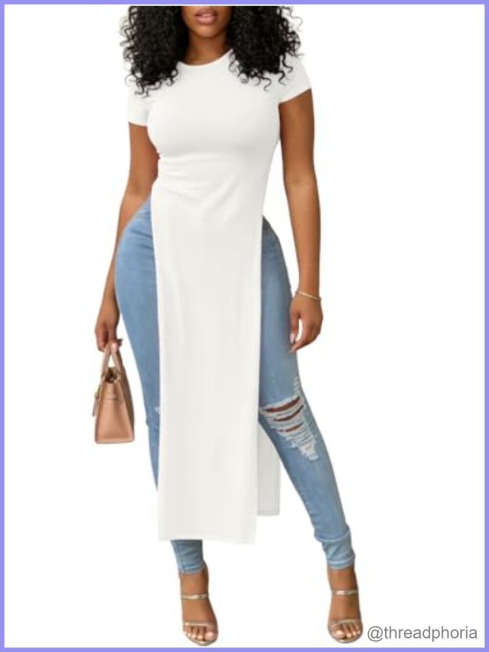 Women's Side Split Long Tunic Shirt Short Sleeve Crewneck